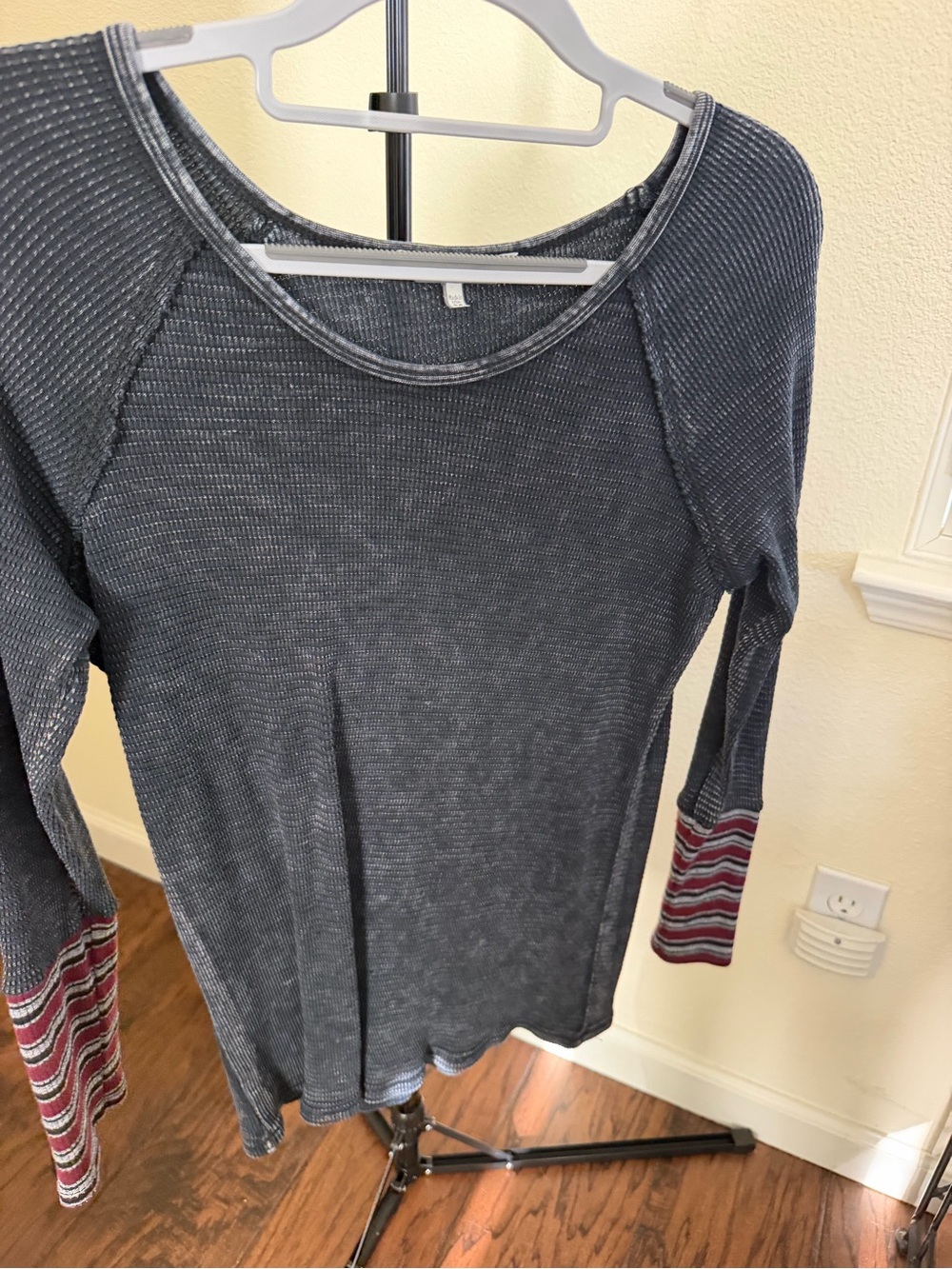 BKE Gray Waffle Knit Long Sleeve Top with Striped Cuffs